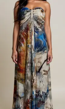 Elana Kattan Whimsy Fairy Strapless Dragonfly Print Maxi Dress Size Large