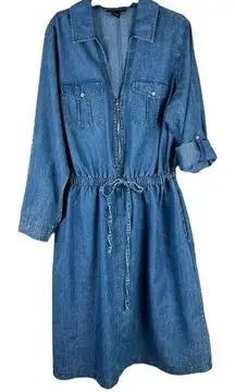 Ashley Stewart  Denim Distressed Babydoll Zip V-neck Drawstring Dress 18/20