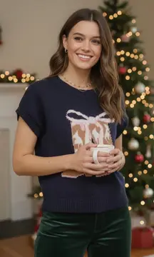 Blu Pepper Boot Bow Jaquard Short Sleeve Knit Sweater Small