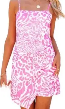 Dee Elly Womens XL Mini Dress Asymmetrical Hem Pink White Animal Print Summer