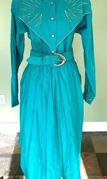 Vtg Lilia Smitty Dress Sz 11/12 Teal Western Studded Rodeo Cowgirl Pockets Maxi‍