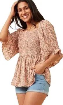 Floral Boho Cottagecore Babydoll Blouse Top Smocked Ruffle Size Small