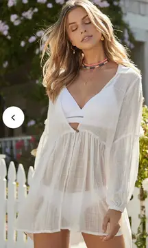 PQ White Gauze Swim Water Lily Tessa Deep V-Neck Tunic, XS/S