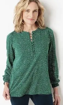 J.Jill Smocked Henley Top Petite Size S Green Sweet Clover Dot Print Spring NWT‌