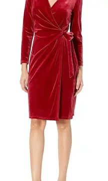 Anne Klein  3/4 Sleeve Side Tie Solid Velvet Wrap Dress in Titan Red Medium