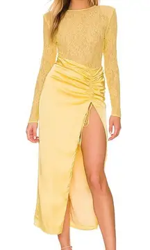 Revolve NBD Farah Cocktail Dress Medium Yellow Lace Bodysuit Satin Skirt Prom