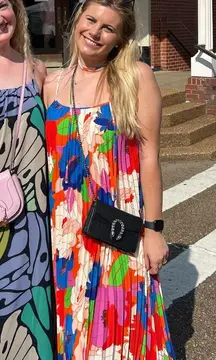 Sam Edelman Pleated Plisse Satin Belted Dress Size Large Multi Water Color Floral 