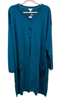 J Jill Long Cardigan‎ Sweater Women Size 3X Ocean Blue Pockets Wool Longline