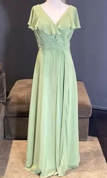 Women’s Full Length Green Chiffon Ruffle Dress Corset Back Leg Slit Size 8