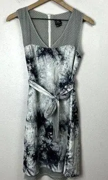 CoVelo Artsy Linen Blend Dress Womens Sz. 6 Layered Tie Die Waist Tie Gray White