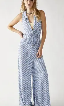 Free People Shayla Collared Retro V-Neck Racer Back Wide Leg Halter Jumpsuit