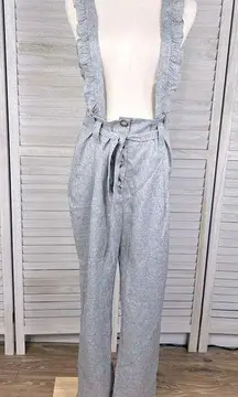 BLUSH MARK Ruffle Trim Button Front Overall Jumpsuit Linen Look Gray-Large
