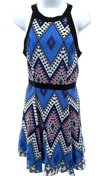 Yumi Kim Silk Racerback Mini Dress S Blue Aztec‎ Geo Tribal Print Fit Flare