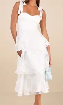 NWT Lulus Drayson White Floral Burnout Tie-Strap Tiered Midi Dress Wedding Sz M
