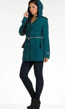 Teal Green 2-in-1 Convertible Zip Anorak Peplum Raincoat Hooded Jacket $200 EUC M