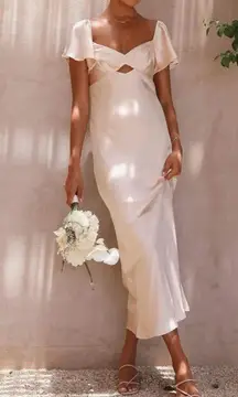 Champagne bridesmaid maxi dress formal summer gown flutter sleeves & open back