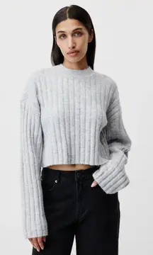 American Eagle Ribbed Knit Cropped Sweater Gray XS  Long Sleeve Crewneck Ribbed