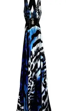 Cache Evening Maxi Dress Plunging V Zebra Print Sleeveless Elegant Blue Black 10