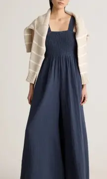 NWT Quince 100% Organic Cotton Gauze Smocked Wide Leg Jumpsuit Size M Blue Grey