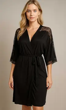 Eberjey Robe Women Small Lace Trim Soft Black Belted 3/4 Sleeve Honeymoon