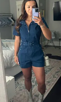 Denim romper with belt and rhinestones