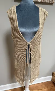 Neiman Marcus beige brown sweater weaved long vest large fringe tie front