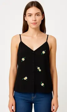 Topshop Black Daisy Embroidered Button-Front Cami Tank Top size 4