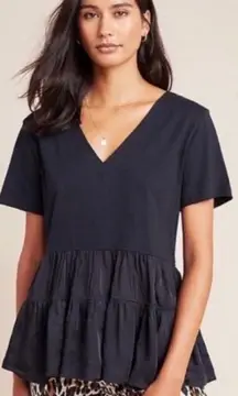 Anthropologie Maeve Black V-neck Louisa Tiered Peasant Babydoll Tee Shirt Top XS