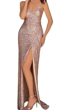 Clarisse Sequin Lace Up Back Front Slit Evening Prom Gown Pink 8005 Size 2 NWT