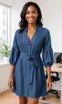 PEK-A-BOO Denim Long Sleeve Button‎ Down Tie Waist Casual Dress Extra Large