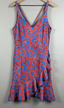Gretchen Scott Jersey Swelt Dress Womens S Blue Red Ruffle Hem Tassle Time Scuba