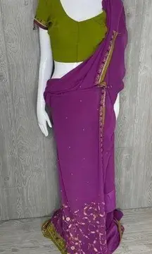 Beaded & sequin saree and cropped shirt Bollywood festival boho outfit sm purple
