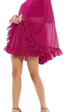 Mac Duggal  55407 High Neck Ruffle Cape Fuchsia (Pink) Chiffon Mini Dress, Size 8