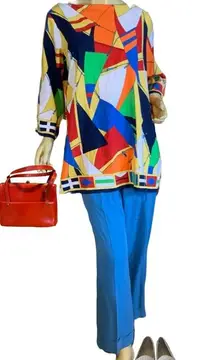 LAUREN RALPH LAUREN BRIGHT MULTI-COLOR "SAILS" NAUTICAL THEME TUNIC TOP (L)