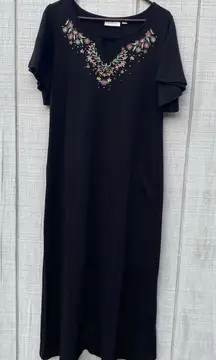 Quacker Factory Solid Black Embroidered Top Long Shirt Dress Medium Petite MP