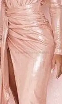 NWOT House of CB Mina Metallic Pink Silky Floor Length Gown Maxi Dress Sz L