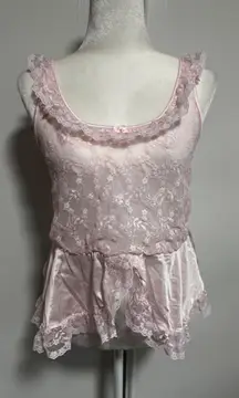 Vintage Contemporary Pink Lace Cami Top & Shorts Set Sleepwear Ruffle Trim Sm