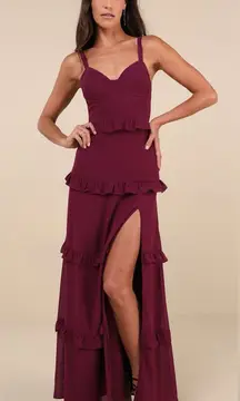 LULU’S Sincerely Poised Plum Purple Backless Bustier Tiered Maxi Dress