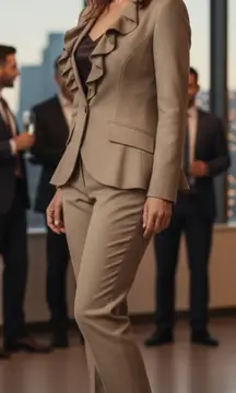 2 piece pantsuit tan with cute ruffles on one side of lapel! New!