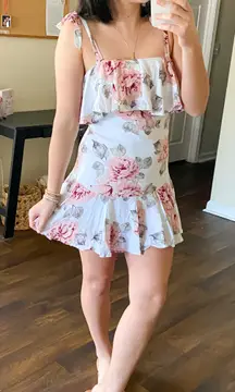 NWT White & Pink Floral Mini Dress W/Ruffle Hem 