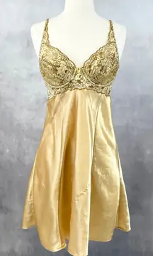 Victorias Secret Women Gold Slip Dress M Coquette Lingerie Satin Lace Y2k Glam