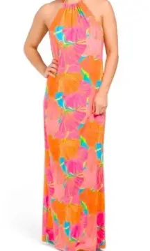 NWT Trina Turk Milan Gingko floral halter maxi dress pink blue orange size XL