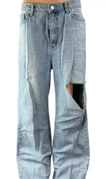 12th Tribe Women's Blue Distressed High Waist Baggy Wide Leg Denim Jeans Pants L