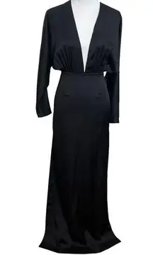 AQ/AQ Madison Plunge Neck Satin Maxi Dress Black Side Slit Women’s Size 0