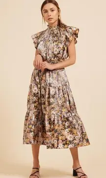 Moodie | Black/Yellow Floral Smocked Midi Dress