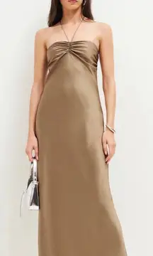 NEW Reformation Valora Gold Silk Satin Halter Tie Midi Maxi Cami Slip Dress 10
