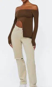 Forever 21 Unique Asymmetrical Off The Shoulder Top Brown Size Large