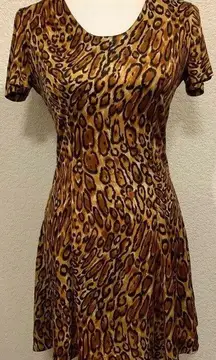 Vintage Sara's Las Vegas  80s Leopard Print Satin Swing Retro Dress