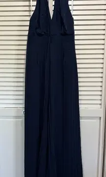 Lulus Navy Blue Halter Wide Leg Pant Jumpsuit‎ Size Large Lined Zip Back Chiffon