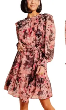 Rachel Parcell pink Floral Print Ruffle Chiffon Blouson belted Dress Size US 4